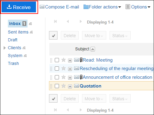 Screenshot: 'Receive' button is highlighted in the e-mail screen without preview