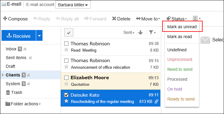 Screenshot: Reverting the status of read e-mail to unread in the e-mail screen with preview