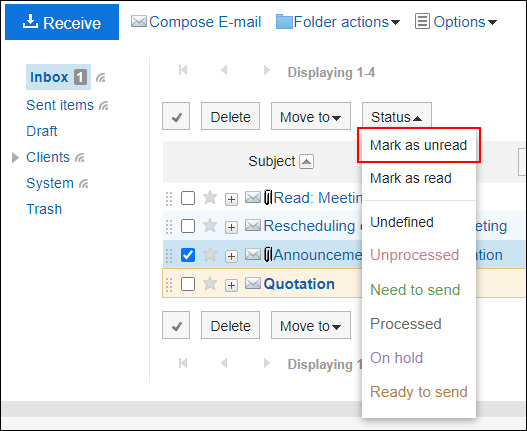 Screenshot: Reverting the status of read e-mail to unread in the e-mail screen without preview