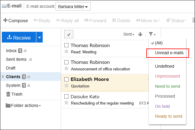 Screenshot: Filtering unread e-mails in the e-mail preview screen