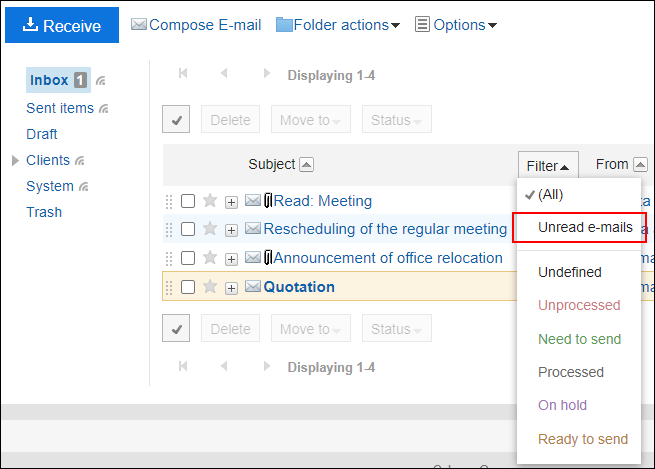 Screenshot: Filtering unread e-mails in the e-mail screen without preview