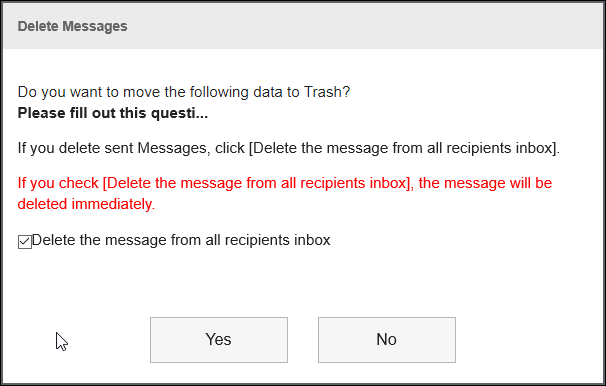 Screen capture: On the "Delete Messages" screen, the setting to delete messages from all recipients' inbox is selected