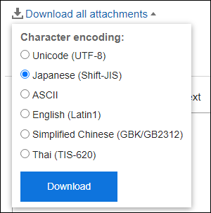 Screenshot: Clicking "Download all attachments" and selecting character encoding