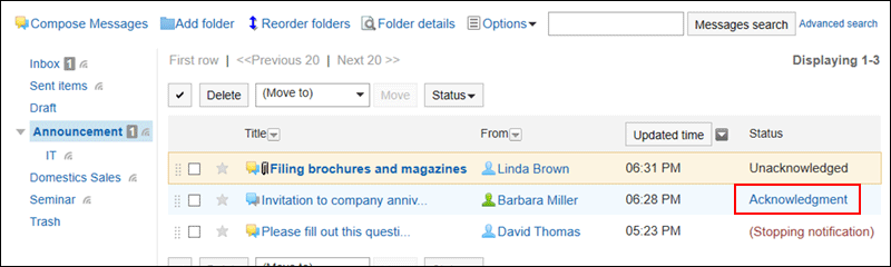 Image in which the action link for acknowledgment status is highlighted