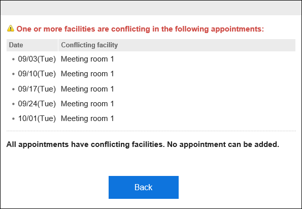 A dialog indicating that a facility appointment is duplicated on some date and time