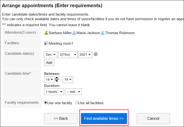 Screenshot: The "Arrange appointments (Enter requirements)" screen with the "Find available times" button highlighted