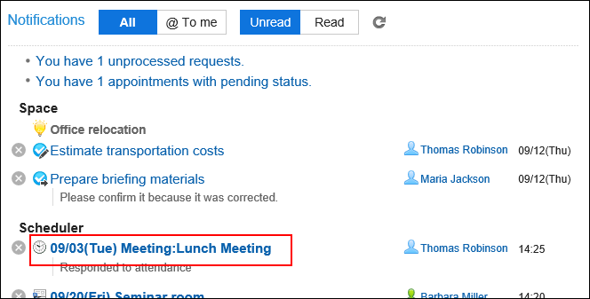 Screenshot: On the "Notifications" portlet, the title of the appointment where the "Responded to attendance" is displayed is highlighted