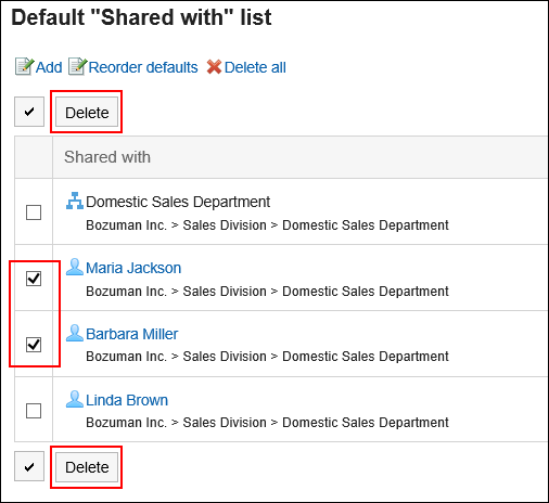 Screen capture: The "Default "Shared with" list" screen