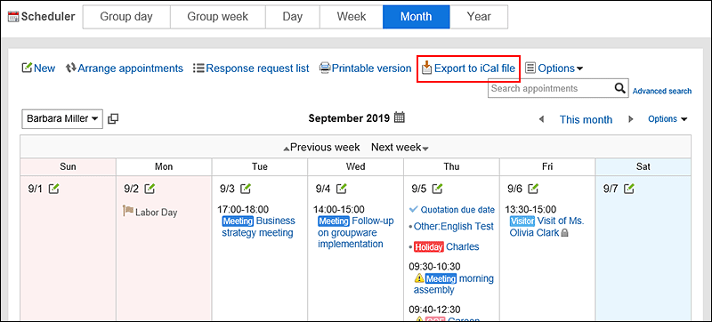 Image in which the link for exporting iCalendar file is highlighted
