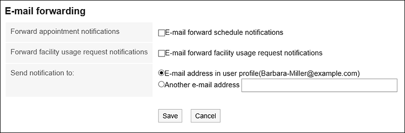 Screen for setting up e-mail forwarding of appointment notifications