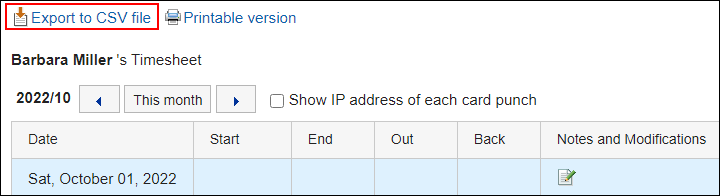 Screenshot: An action link to export data to a CSV file is highlighted