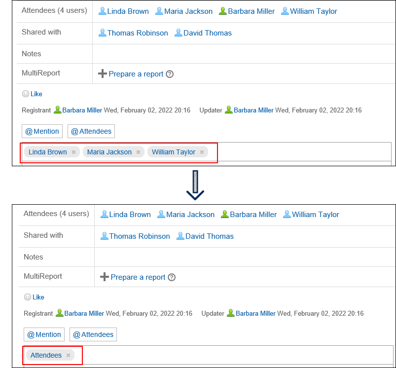 Screenshot: Specifying individual recipients one by one versus using @Attendees