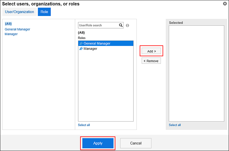 "Select users, organizations, or roles" screen