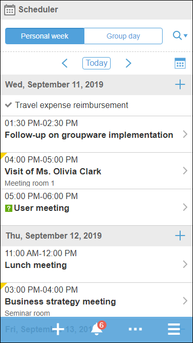 Screenshot: The "Personal week" screen on Scheduler