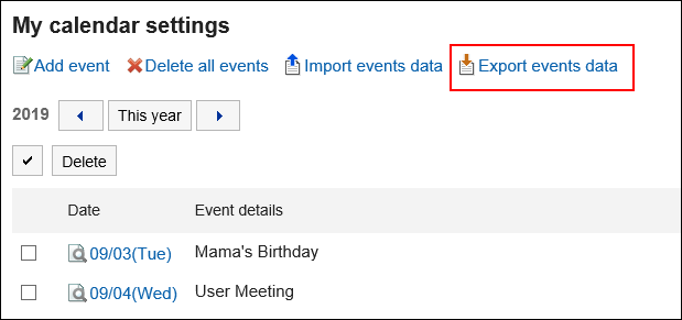 Image in which the action link for exporting events is highlighted