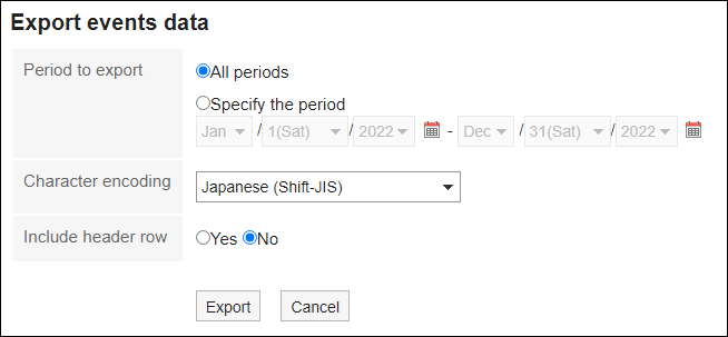 Screenshot: "Export events data" screen