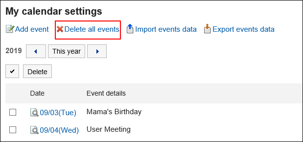Image in which the action link for deleting all events is highlighted