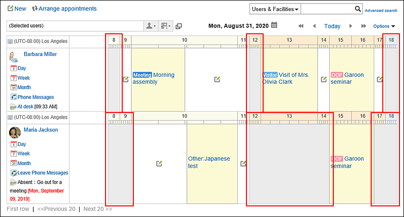 Example of the "Group day view" screen showing non-working hours at a glance