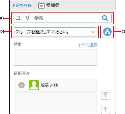 スクリーンショット：ユーザーを選択するための項目が枠線で囲まれている参加者画面