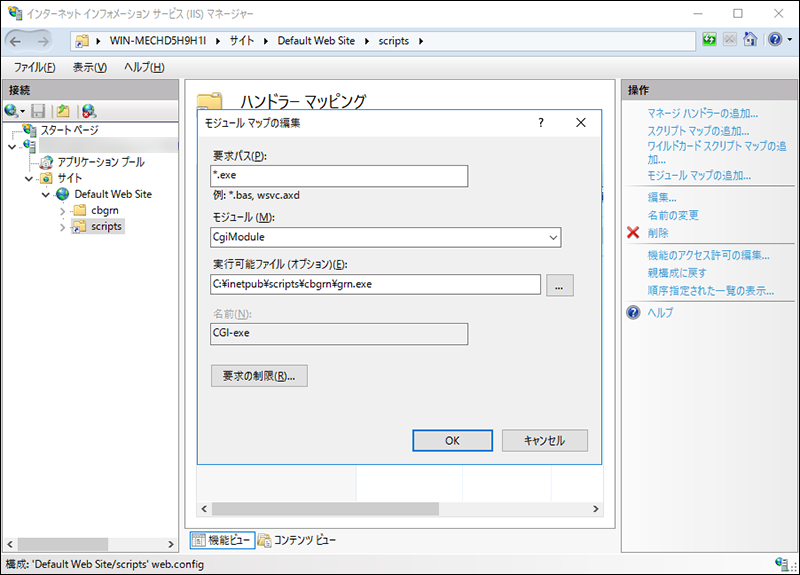 Screen capture: Screen to edit the script map in Internet Information Services Manager