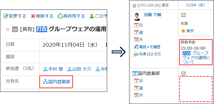 Screen capture: If an organization is specified as a "Shared with" user, the shared appointment is displayed in each user's Scheduler screen in the organization