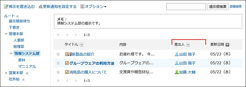 スクリーンショット：掲示板の一覧画面で差出人の幅が線で強調されている