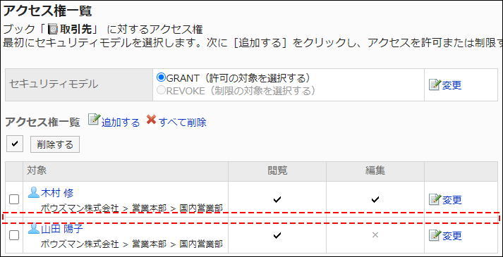 截图：访问权限设置的示例。从访问权限列表中删除加藤大辅