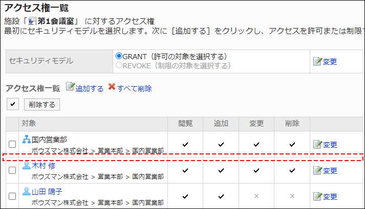 截图：访问权限设置的示例。从访问权限列表中删除加藤大辅