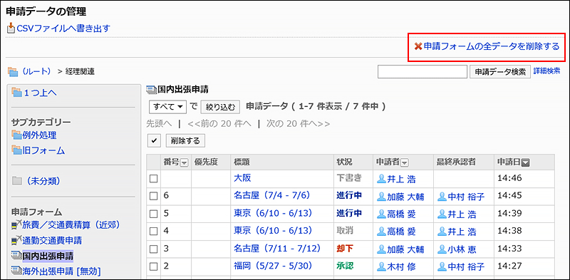 用红色边框圈出删除申请形式的全部数据的操作链接的图片