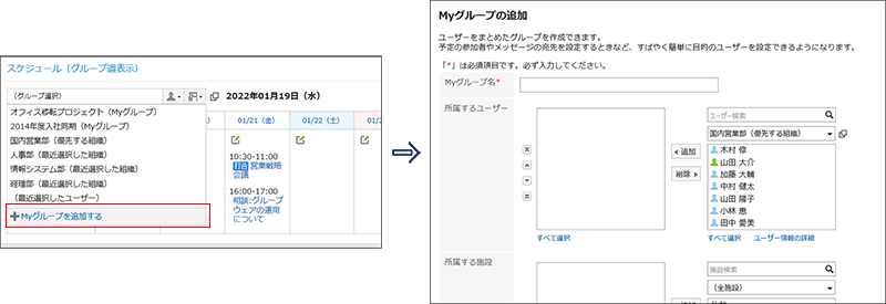 截图：日程安排页面中用线框圈出添加我的组的操作链接