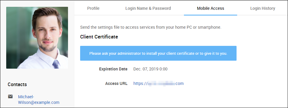 Screenshot: The client certificate and password are not displayed.
