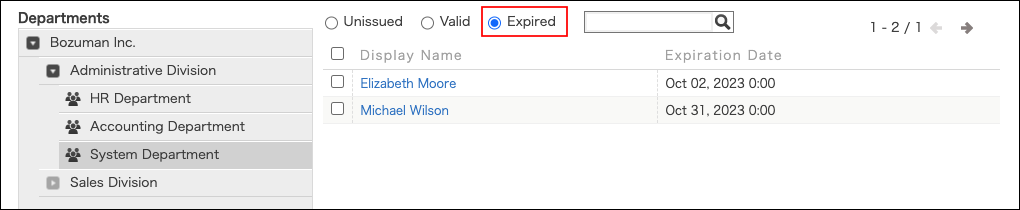 Screenshot: "Expired" is selected