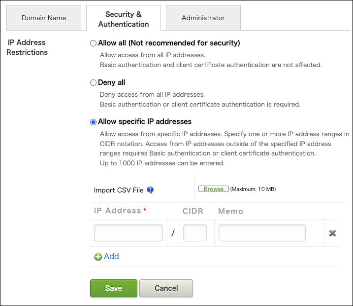 Screenshot: "Allow specific IP addresses" is selected