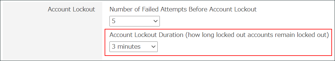 Screenshot: "Account Lockout Duration (how long locked out accounts remain locked out)" is highlighted