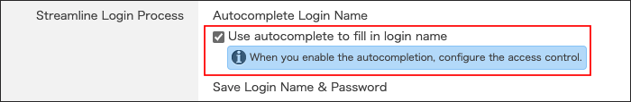 Screenshot: "Use autocomplete to fill in login name" checkbox is selected