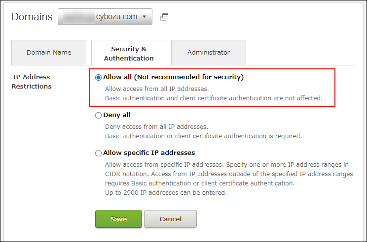 Screenshot: "Allow all" is selected