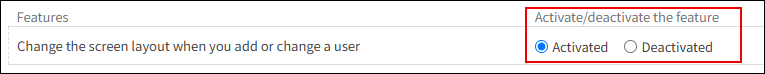Screenshot: "Activate/deactivate the feature" is selected