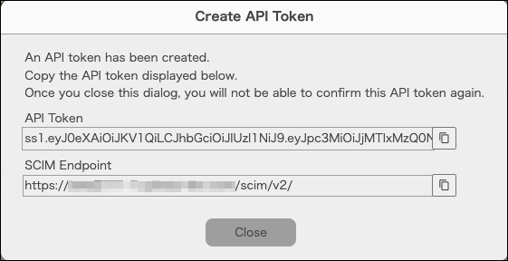 截圖：「發行API權杖」對話方塊中，顯示發行的API權杖與SCIM端點