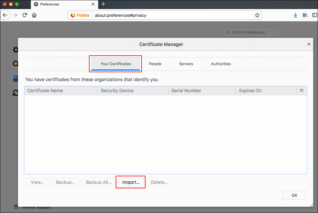 Image of selecting the Import button in 'Your Certificates' tab