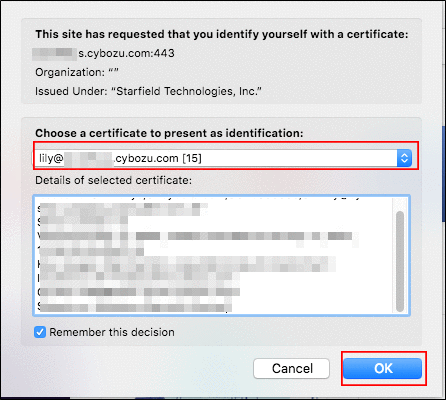 Screen to select a certificate