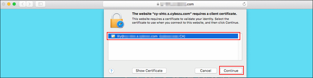 Image of selecting a certificate required for the connection