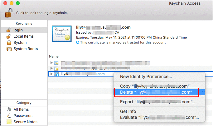 Image of selecting a client certificate to delete