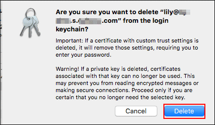 Image of confirming the deletion of the client certificate