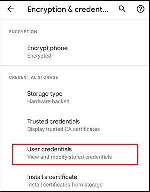 Image where the link of 'User credentials' is highlighted