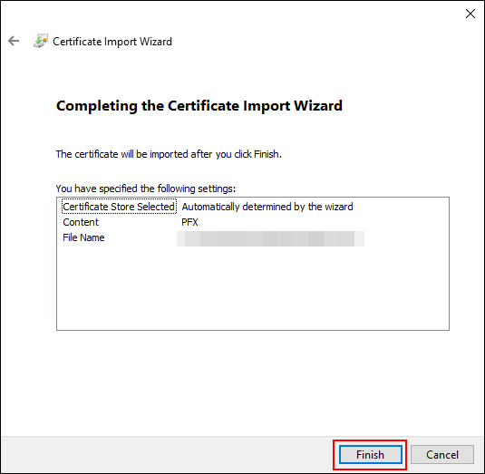 "Completing the Certificate Import Wizard" screen