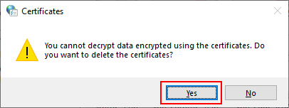 'Warning' on 'Certificates' screen