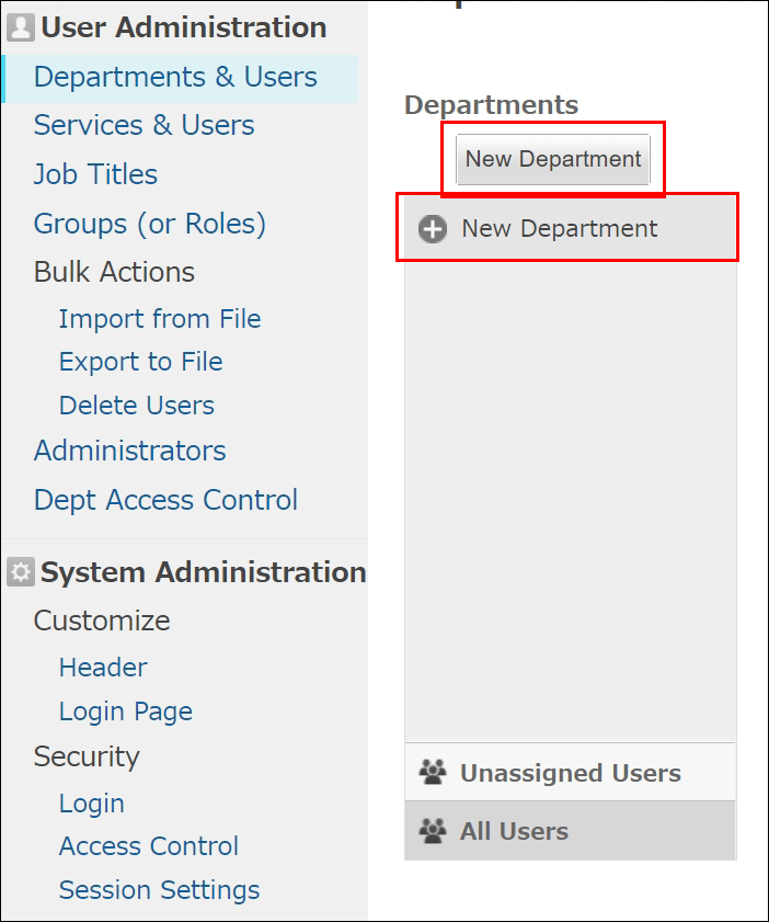 The buttons to add a department are enclosed in red boxes