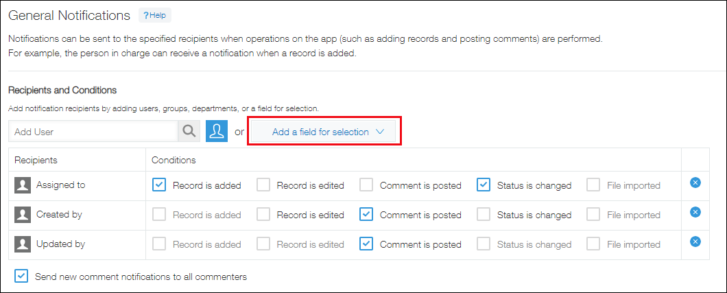 "Add a field for selection" on the settings screen