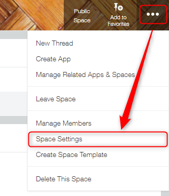Screenshot: The "Options" icon at the upper right of the space screen and "Space Settings" are outlined in red