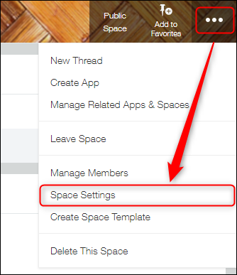 Screenshot: The "Options" icon at the upper right of the space screen and "Space Settings" are outlined in red